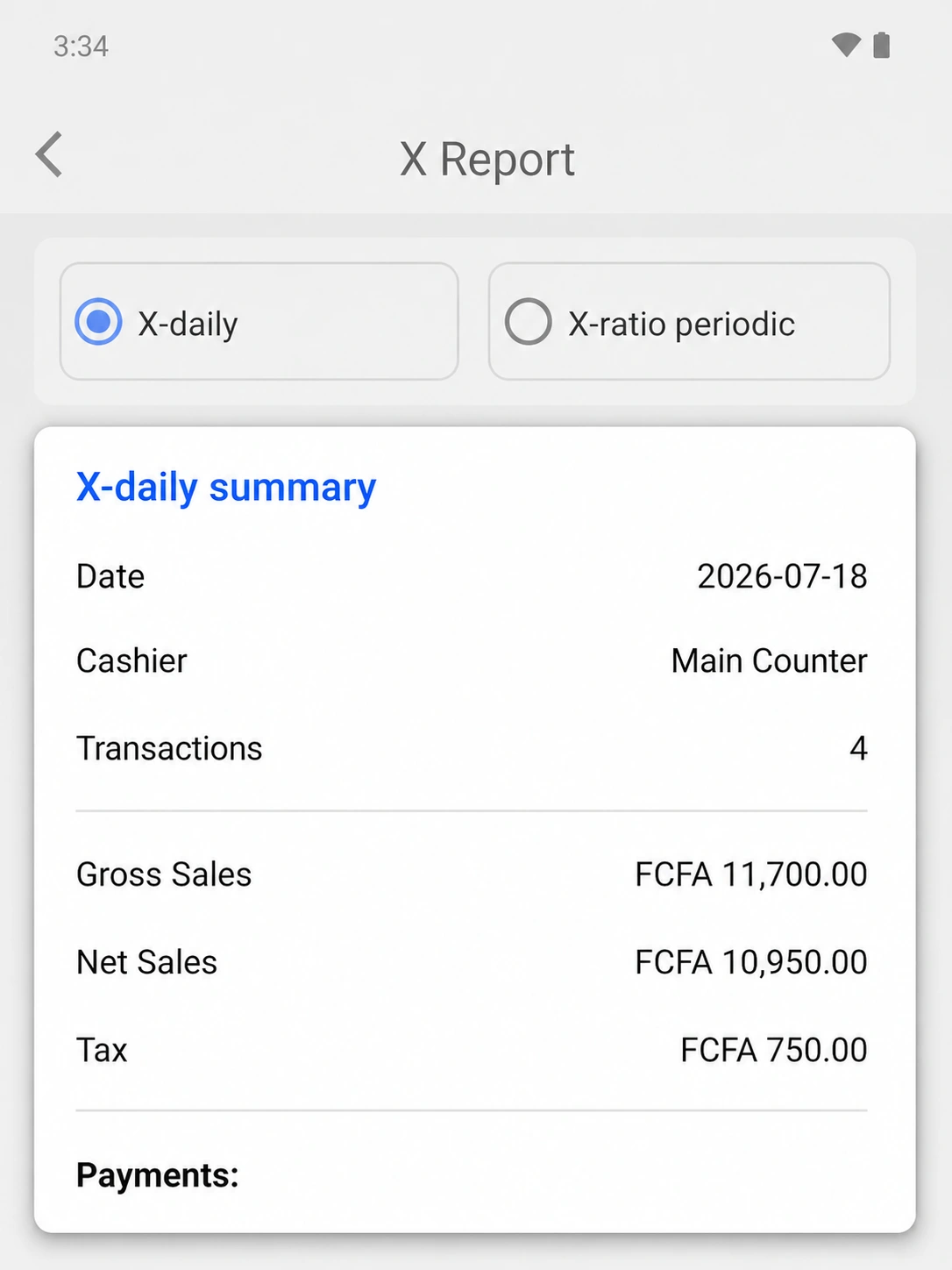 EazSell shift report screen summarizing sales activity for an operator reporting period.