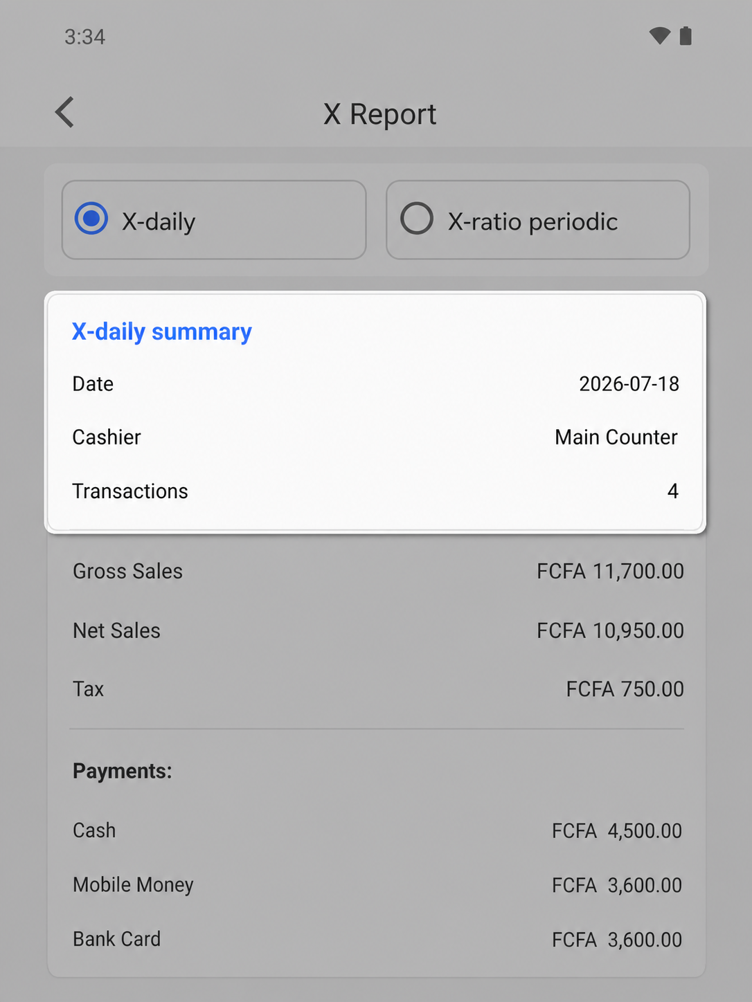 EazSell Android X report highlighting the reporting date, cashier and transaction count.