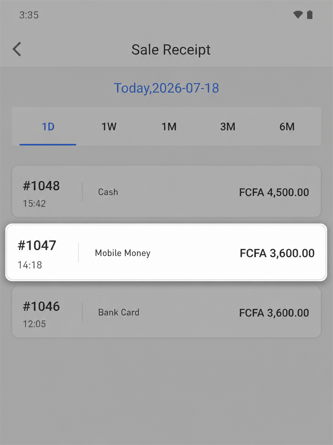 EazSell Android receipt history highlighting a unique transaction reference with its time and amount.