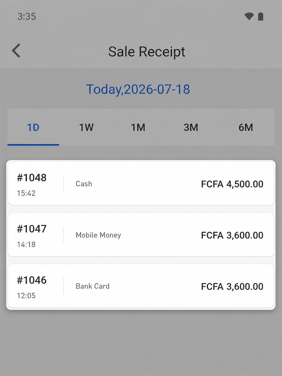 EazSell Android receipt history highlighting a group of locally available transaction records.