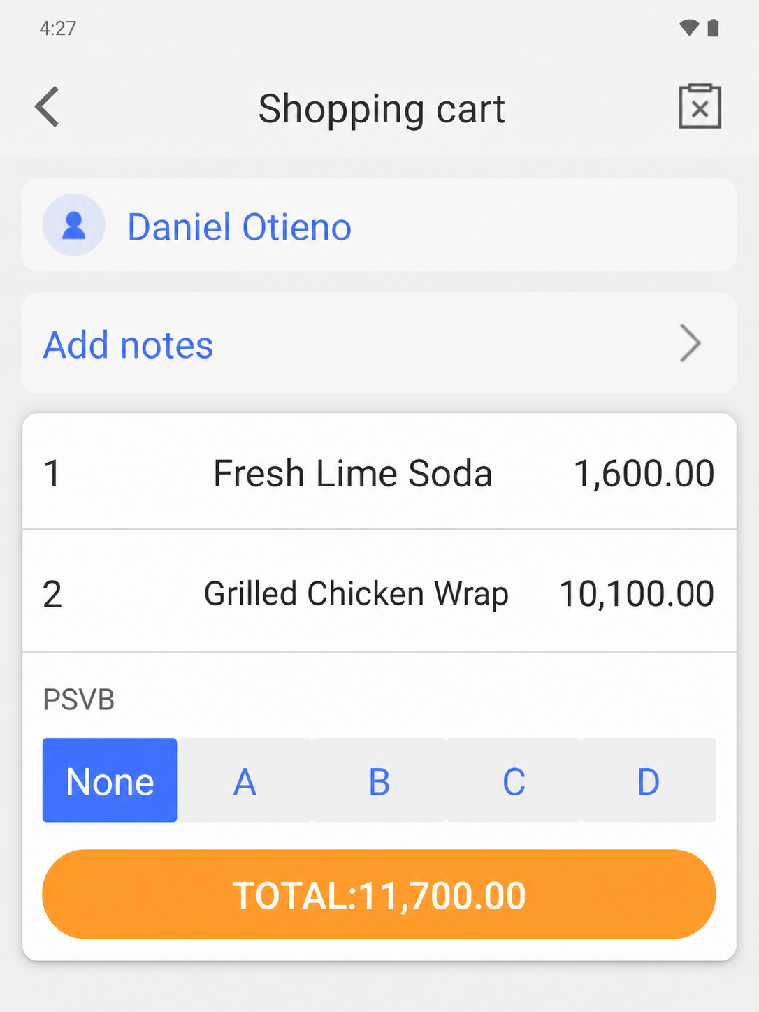 EazSell Android shopping cart without the instructional banner, showing food items, quantities and total